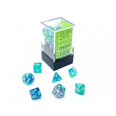 Festive Waterlily/white - Mini Polyhedral Dice set - 7 stuks