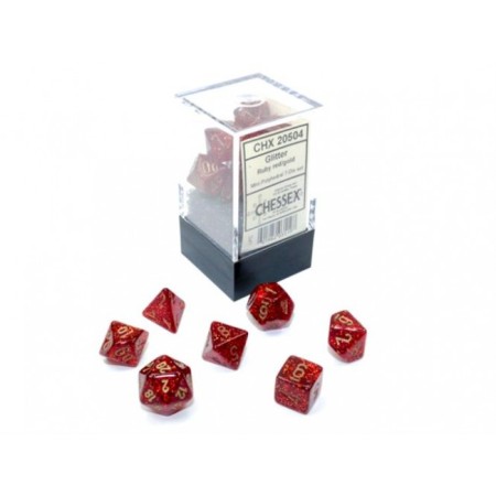 Glitter Ruby red/gold - Mini Polyhedral Dice set - 7 stuks