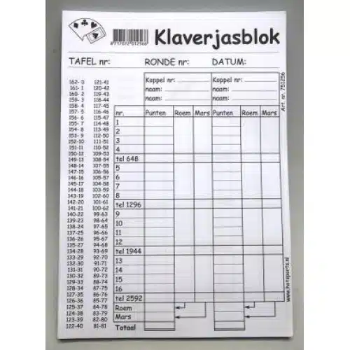 Klaverjas scorebloc 100 vel A5