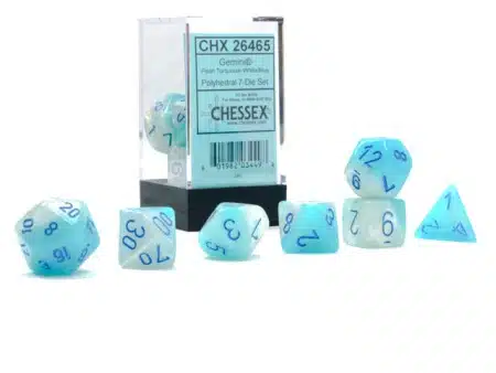 Gemini Pearl Turquoise-White/blue Luminary Polydice - 7 stuks