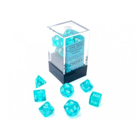 Translucent Teal/white - Mini Polyhedral Dice set - 7 stuks
