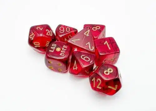 Translucent Crimson/gold Polyhedral Lab Dice - 8 stuks