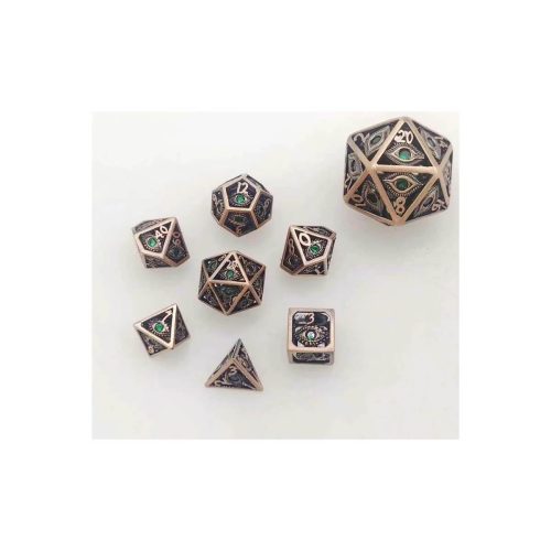 Ancient Copper Dragon's Eye w/Green Gems - Hollow Metal Mini Dice set - 7 stuks