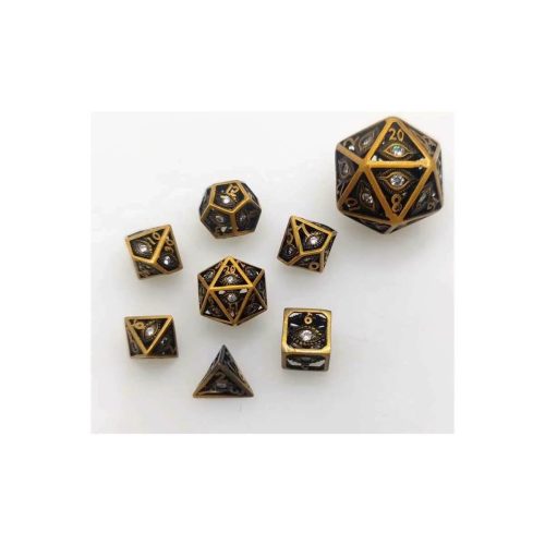 Ancient Gold Dragon's Eye w/White Gems - Hollow Metal Mini Dice set - 7 stuks