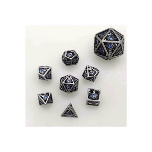Ancient Silver Dragon's Eye w/Blue Gems - Hollow Metal Mini Dice set - 7 stuks