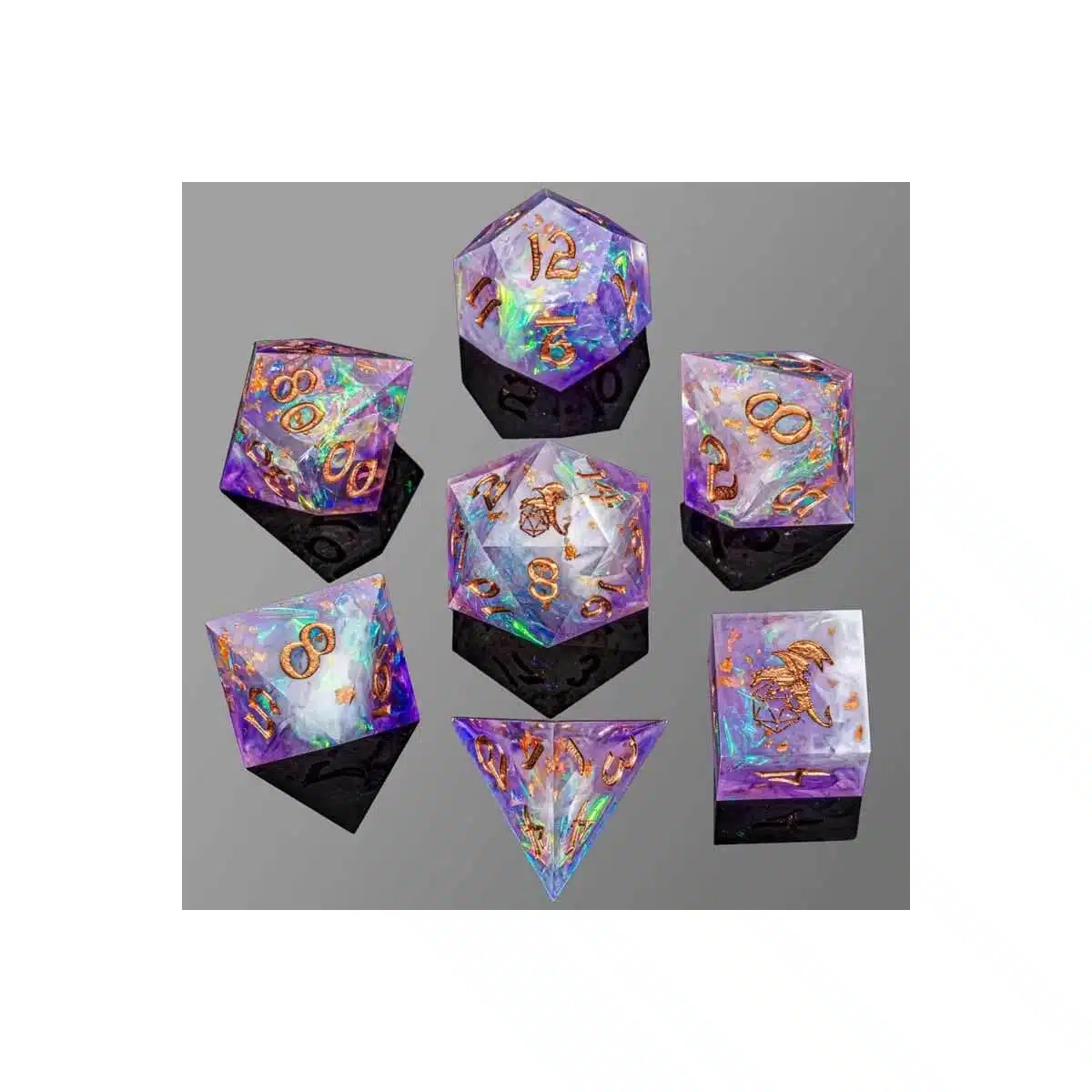 Arcane Amethyst Captured Magic - Handmade Sharp Edge Dice set - 7 stuks