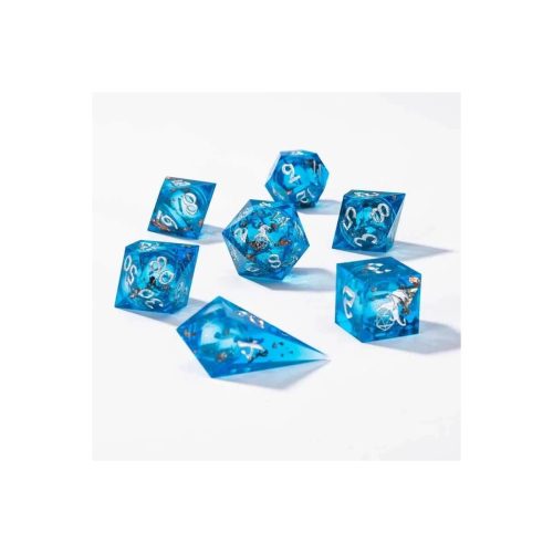 Blue Liquid Core - Handmade Sharp Edge Dice set - 7 stuks
