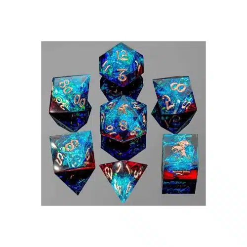 Blue & Red Captured Magic - Handmade Sharp Edge Dice set - 7 stuks