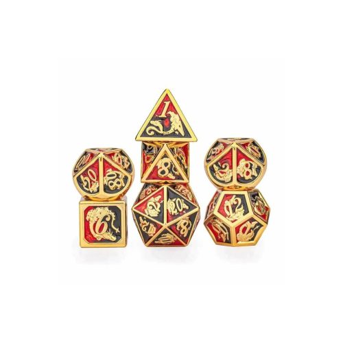 Gold with Red/Black Dragon - Metal Dice set - 7 stuks