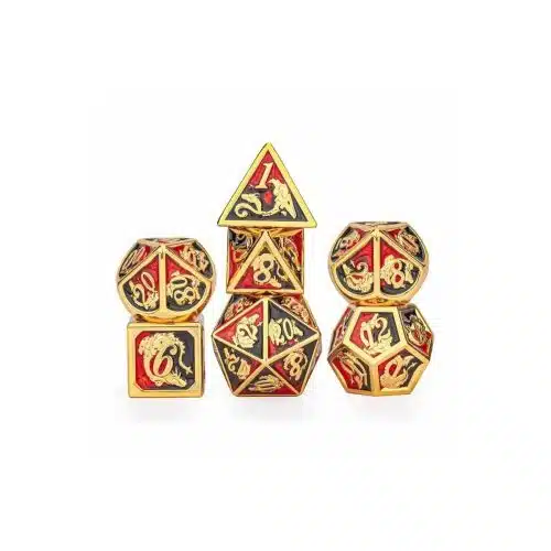 Gold with Red/Black Dragon - Metal Dice set - 7 stuks