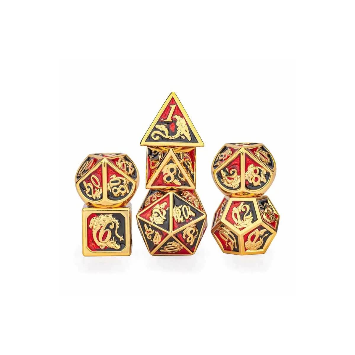 Gold with Red/Black Dragon - Metal Dice set - 7 stuks
