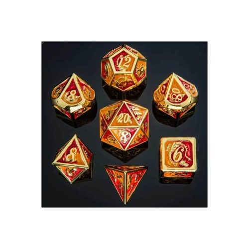 Gold w/Red & Orange Dragon - Metal Dice set - 7 stuks
