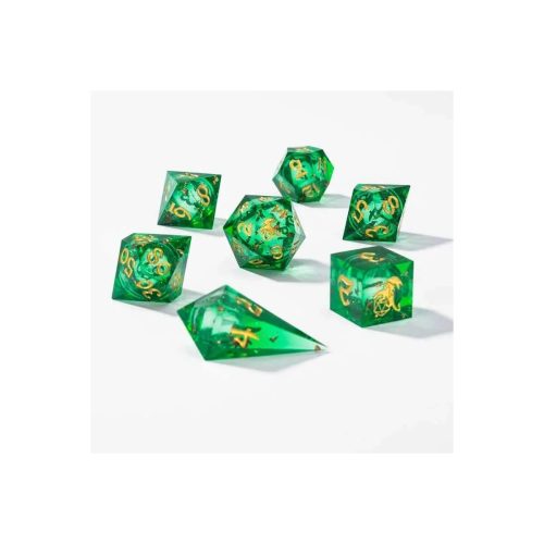 Green Liquid Core - Handmade Sharp Edge Dice set - 7 stuks