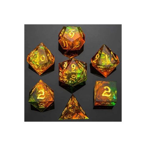 Orange & Green Captured Magic - Handmade Sharp Edge Dice set - 7 stuks
