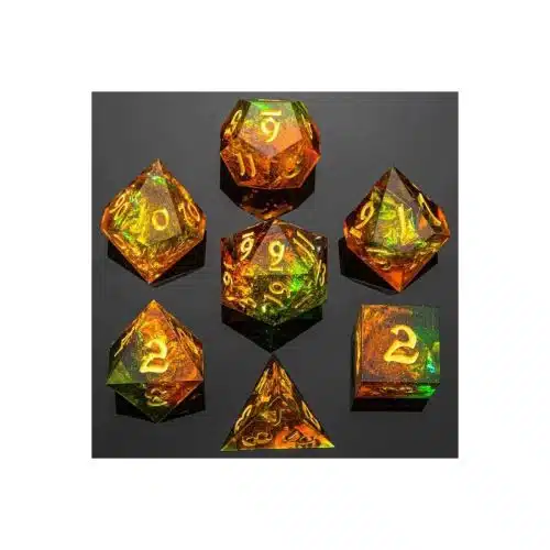 Orange & Green Captured Magic - Handmade Sharp Edge Dice set - 7 stuks