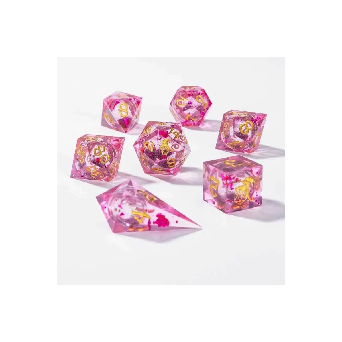 Pink Liquid Core - Handmade Sharp Edge Dice set - 7 stuks