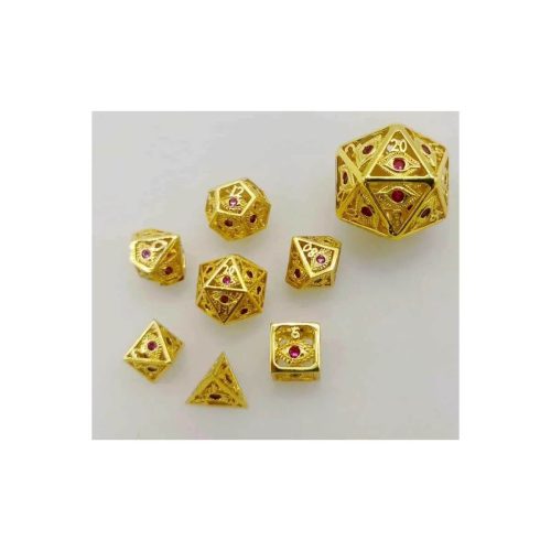 Shiny Gold Dragon's Eye w/Red Gems - Hollow Metal Mini Dice set - 7 stuks