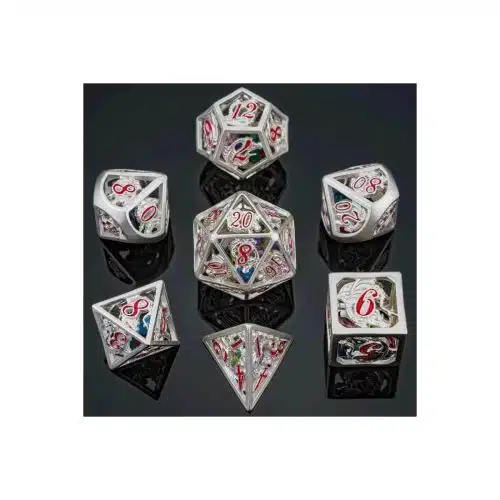 Silver Dragon with Gems - Hollow Metal Dice set - 7 stuks
