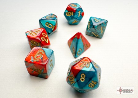 Gemini - Red-Teal/Gold - Mini Polyhedral Dice set - 7 stuks
