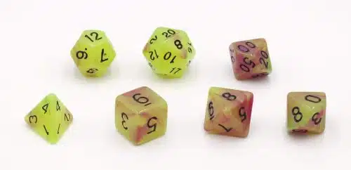Glow in the Dark Geel/Roze 7 set Dice