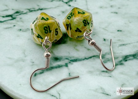 Marble Green Mini-Poly D20 - Hook Earrings