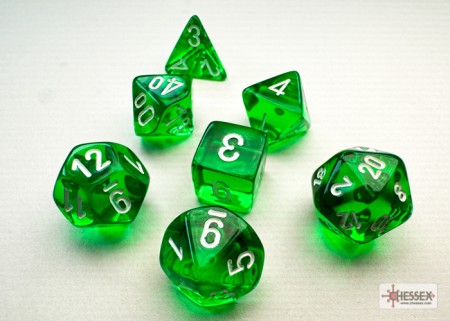 Translucent Green/white - Mini Polyhedral Dice set - 7 stuks