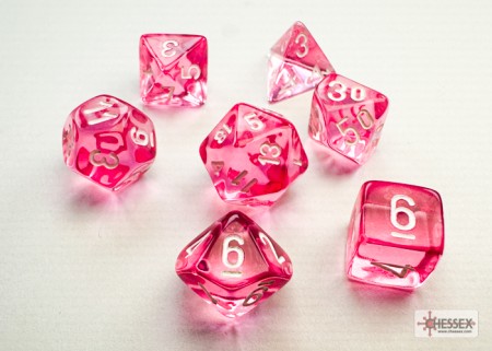 Translucent Pink/white- Mini Polyhedral Dice set - 7 stuks