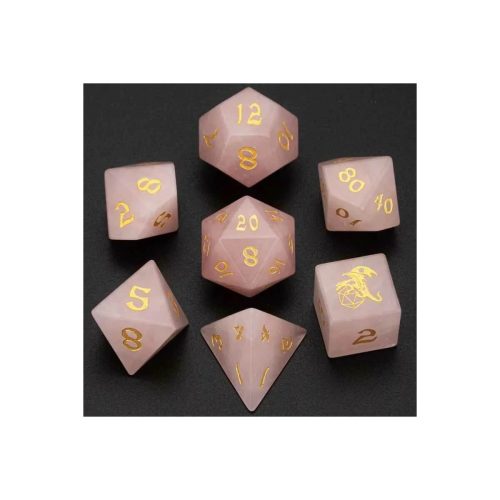 Rose Quartz - Gemstone Dice set in Fancy Dice box - 7 stuks