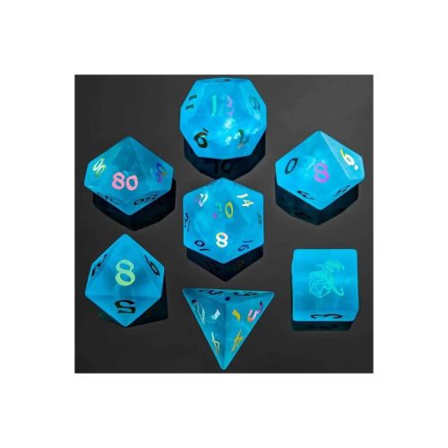 Sea Blue w/Rainbow - Glass Dice set in Fancy Dice box - 7 stuks