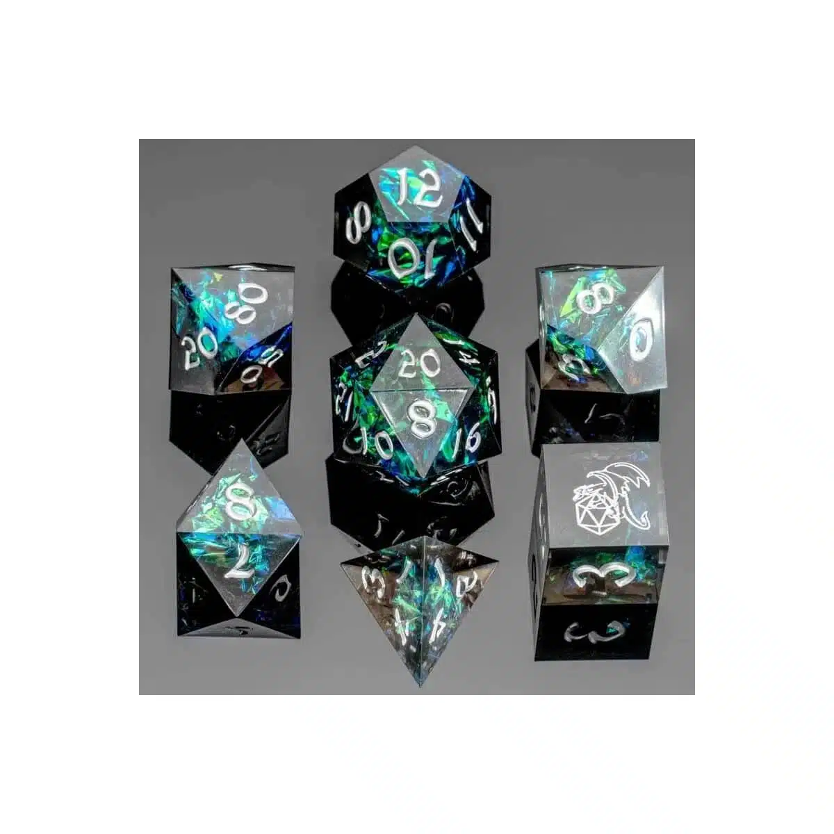Black Captured Magic - Handmade Sharp Edge Dice set - 7 stuks