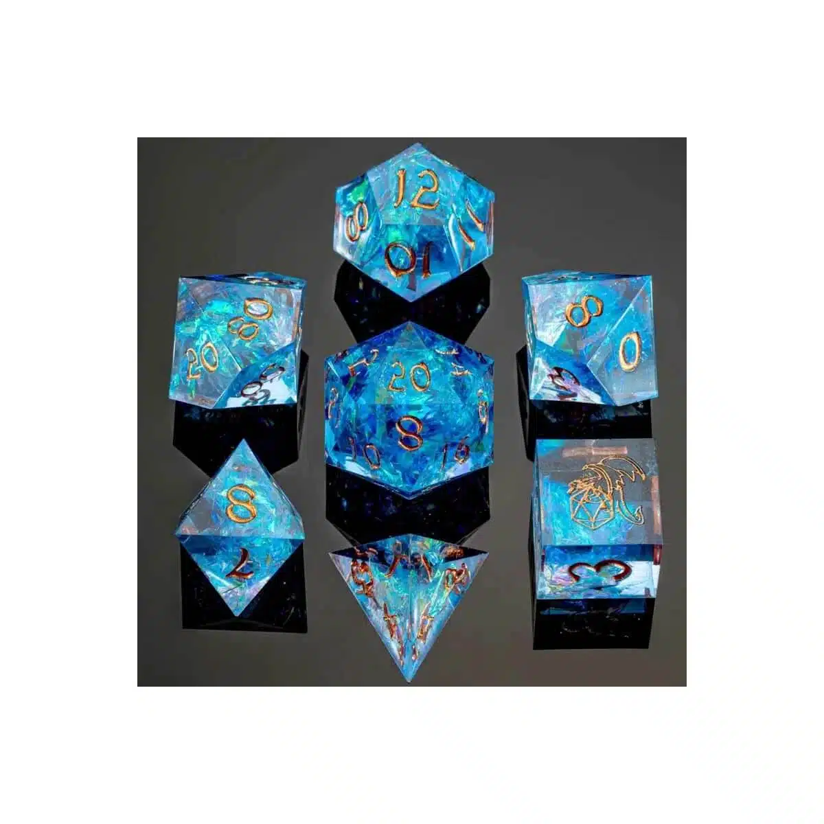 Blue Captured Magic - Handmade Sharp Edge Dice set - 7 stuks
