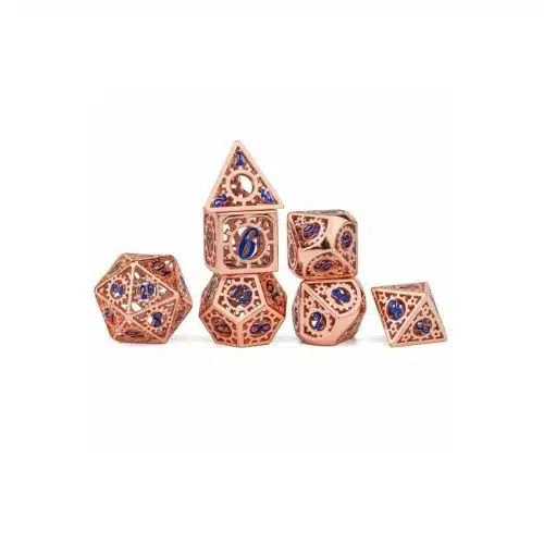 Copper & Blue Hollow Gear - Metal Dice - 7 stuks