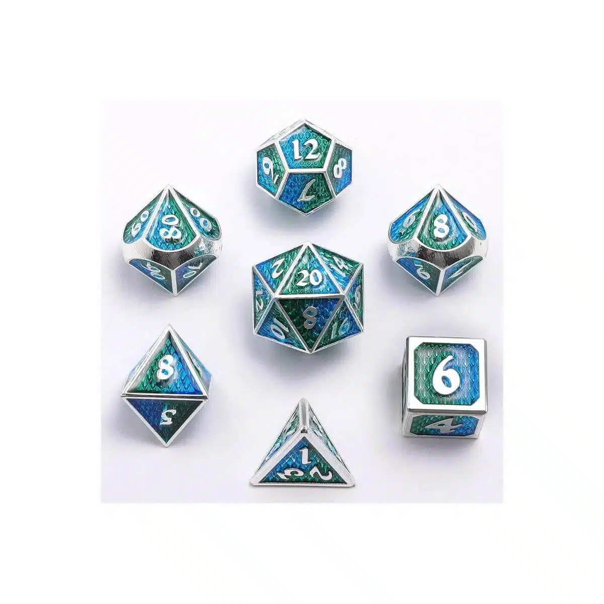 Silver w/Green & Aqua Behemoth - Mini Metal Dice - 7 stuks