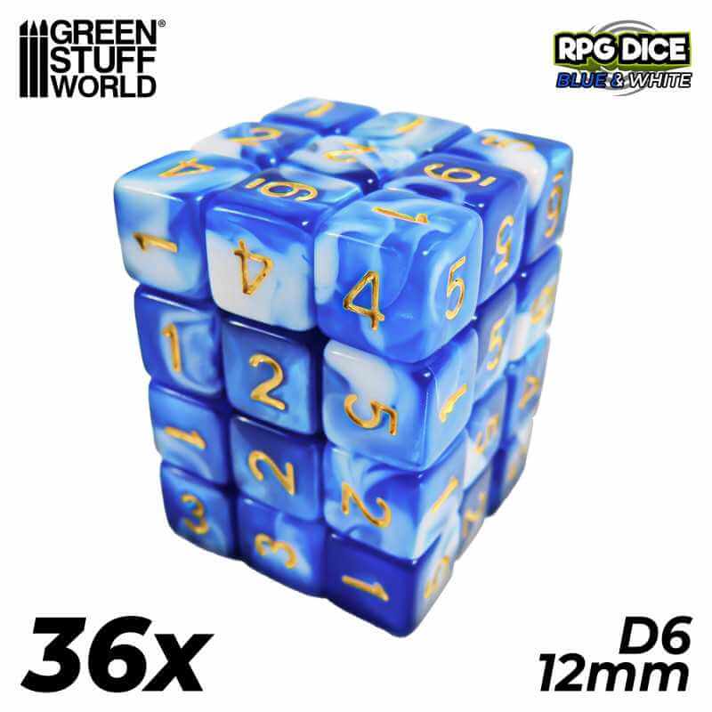 Blue White - 12mm D6 Dice - 36 stuks