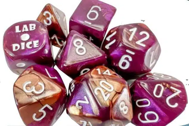 Gemini Copper-Purple/white Polyhedral Lab Dice - 8 stuks