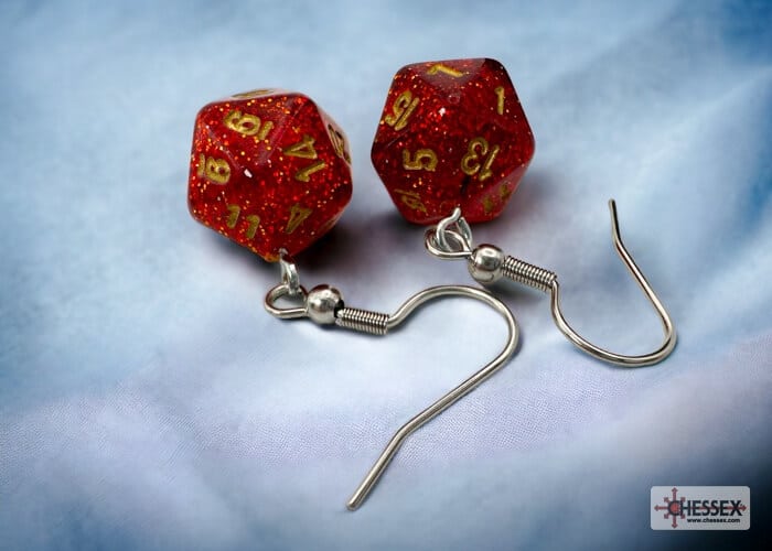 Glitter Ruby/Gold Mini-Poly D20 - Hook Earrings