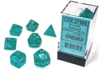 Borealis Luminary Teal/gold Polydice - 7 stuks