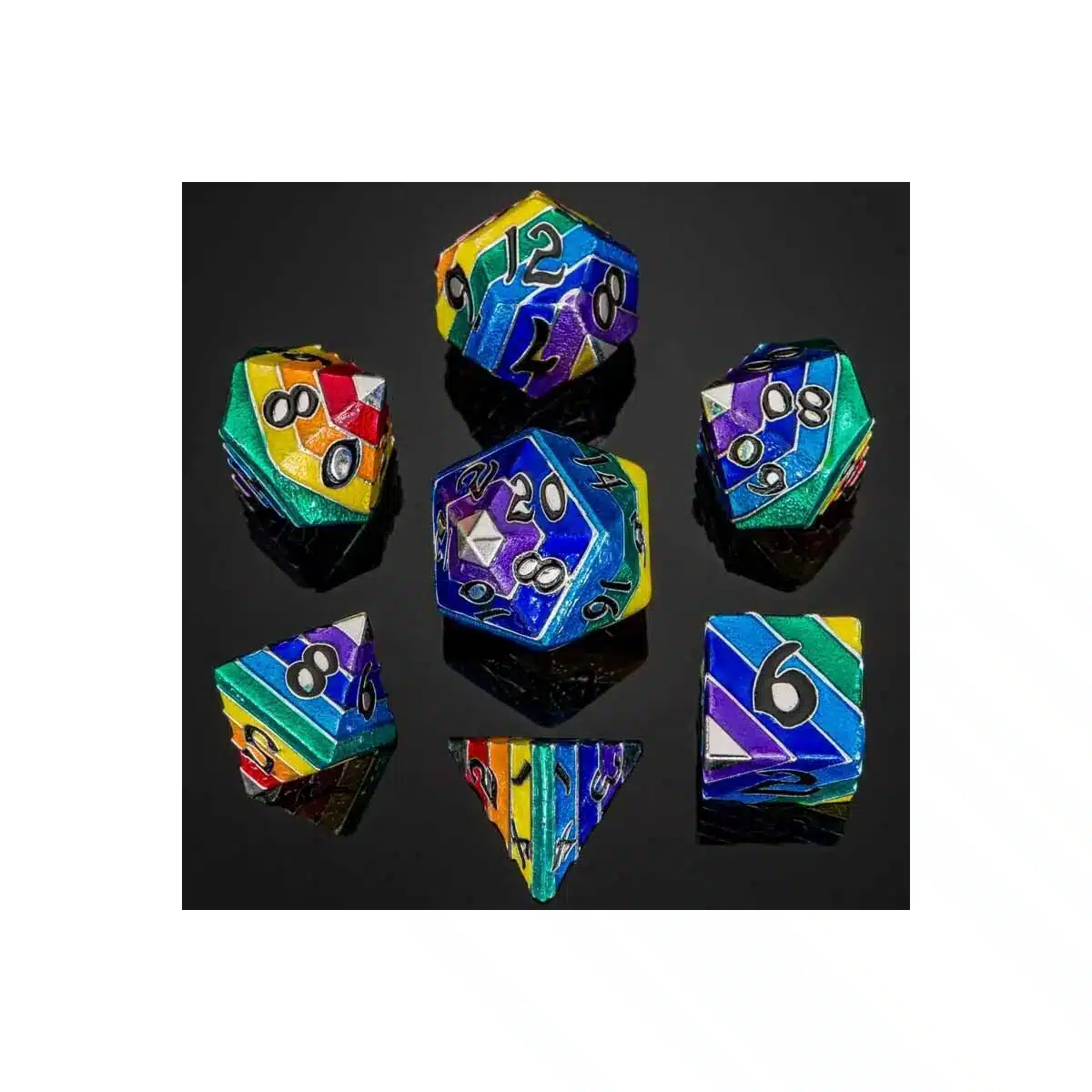 Silver w/Black - Rainbow Pride - Metal Dice - 7 stuks