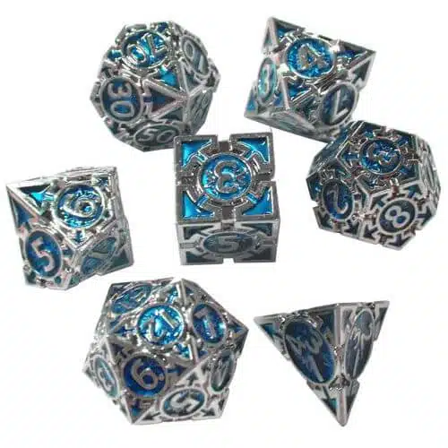 Pijlen Zilver/Blauw - Metal Dice set - 7 stuks